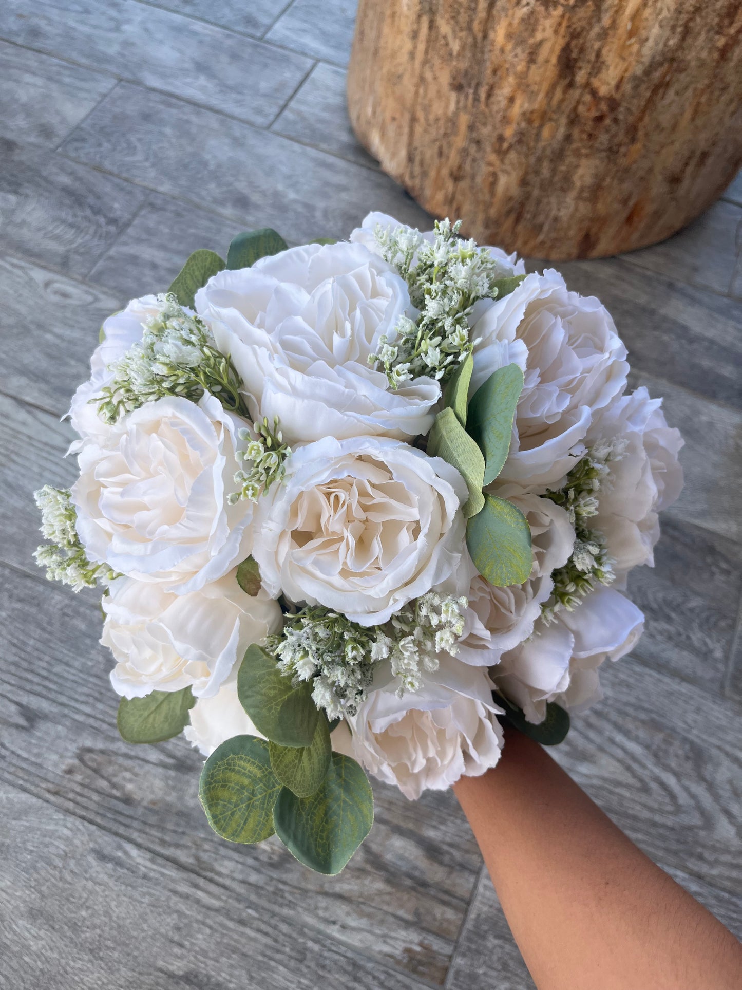 Ivory Cabbage Roses & Eucalyptus Greenery Bride Bouquet