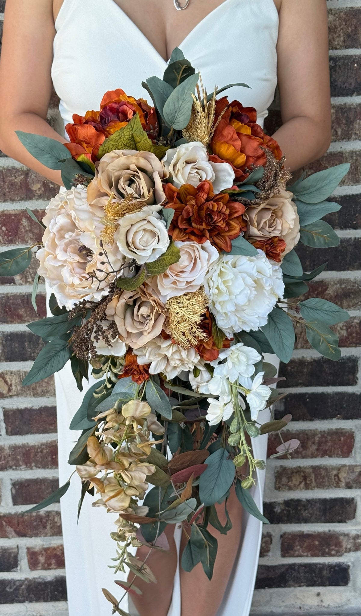 Cascading Fall Bridal Bouquet | Burnt Orange, Ivory Roses, Peonies, Eucalyptus Bouquet