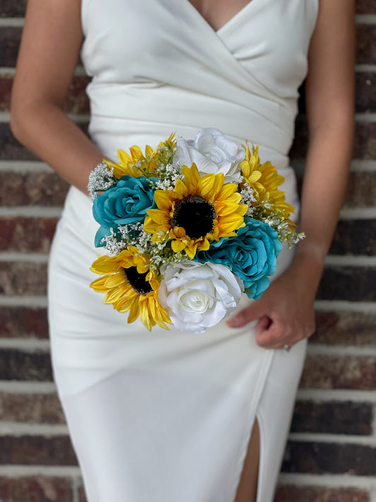 Turquoise & White Roses Sunflower Bridesmaid Bouquet