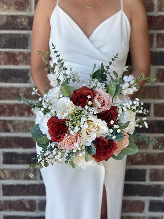 Terracota, Ivory & Peach Roses & Eucalyptus Bride Bouquet