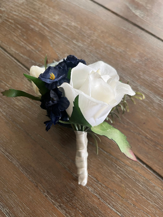 Ivory Rose & Navy Blue Boutonniere