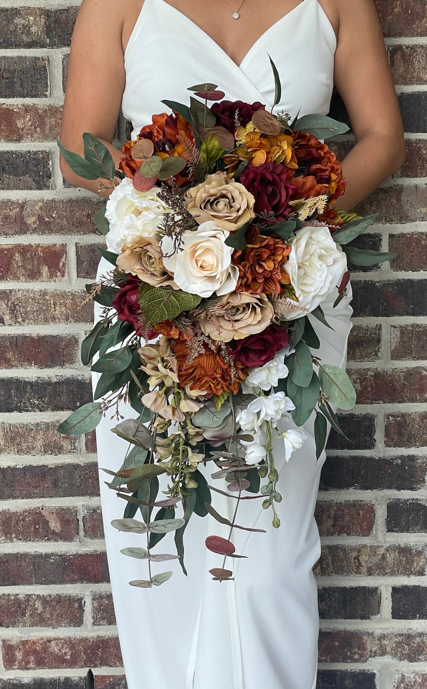 Cascading Burgundy, Brown and Rust Bride Bouquet