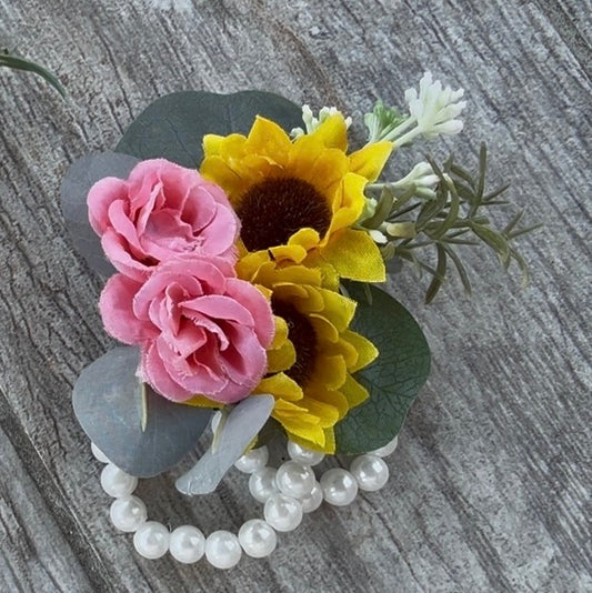 Coral Rose & Sunflower Wrist Corsage