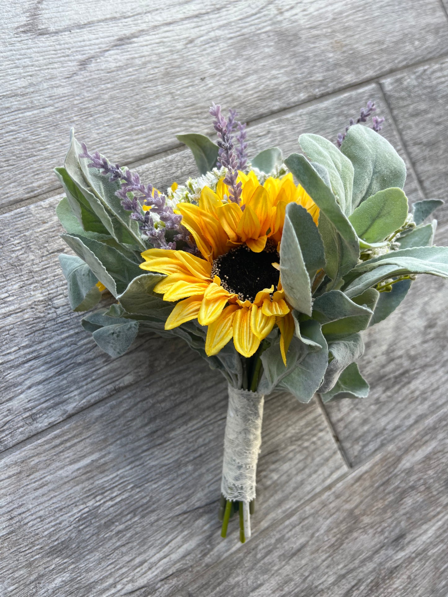 Sunflowers, Lavender and Ears Lamb Greenery Bridesmaid Bouquet