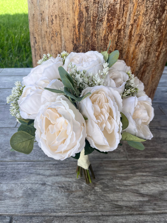 Ivory Cabbage Roses  & Eucalyptus Greenery Bride Bouquet