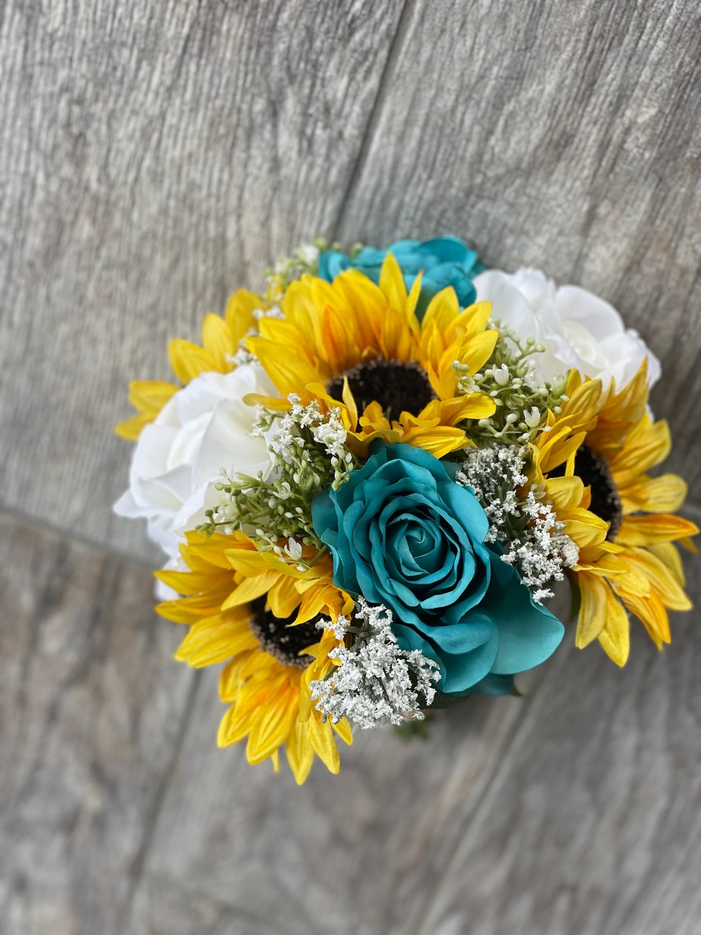 Turquoise & White Roses Sunflower Bridesmaid Bouquet