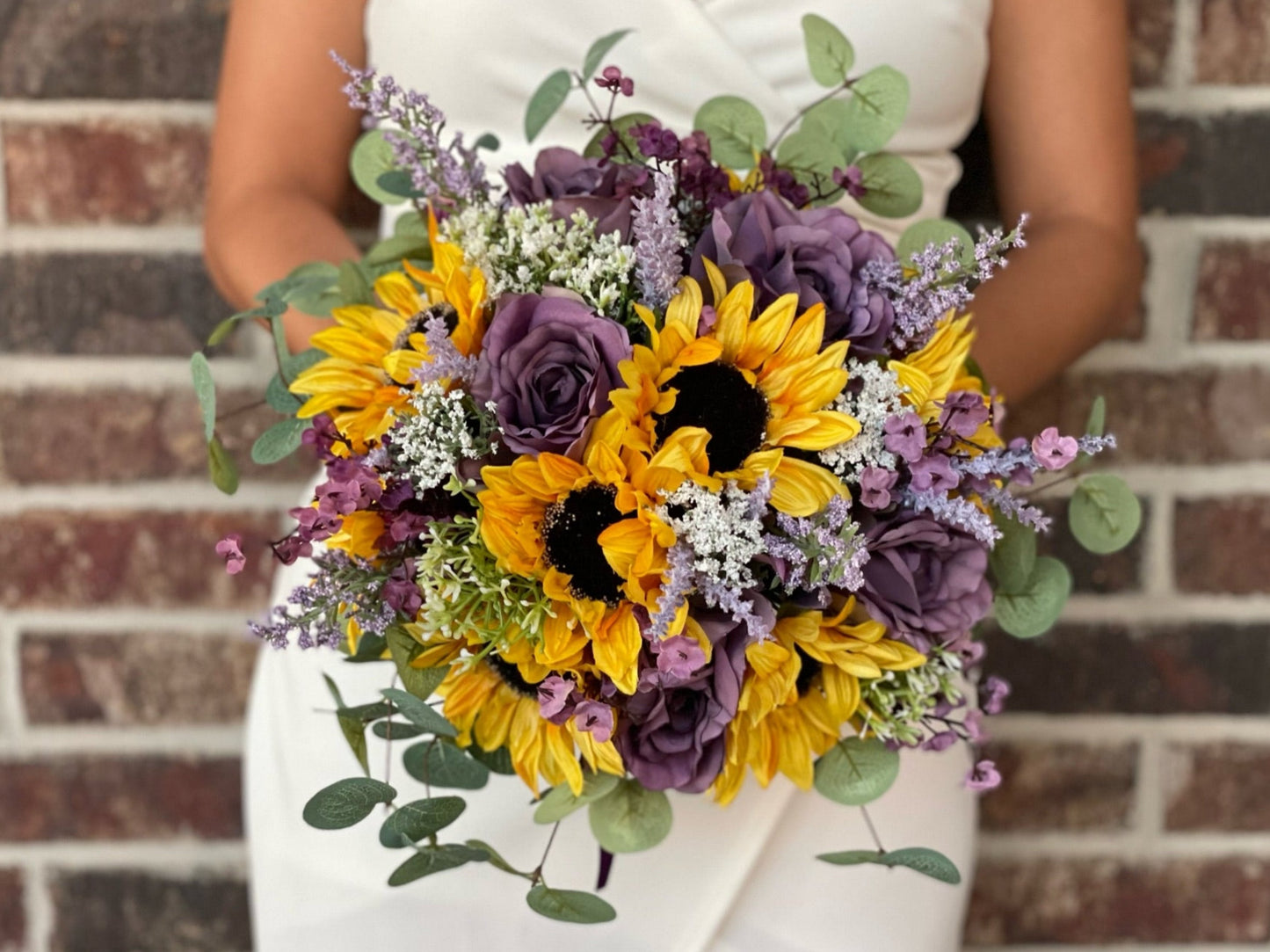 Purple Roses & Sunflower Bride Bouquet