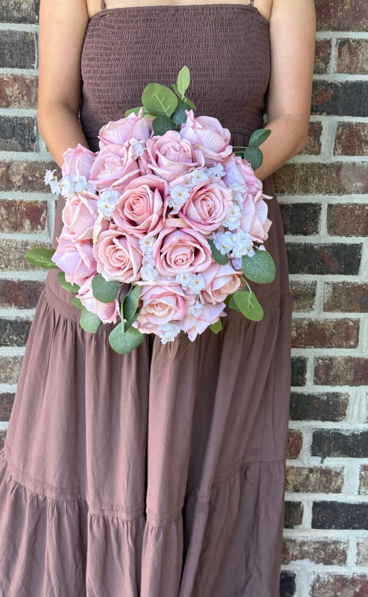 Dusty Rose, White Ruffled Flowers & Eucalyptus Greenery