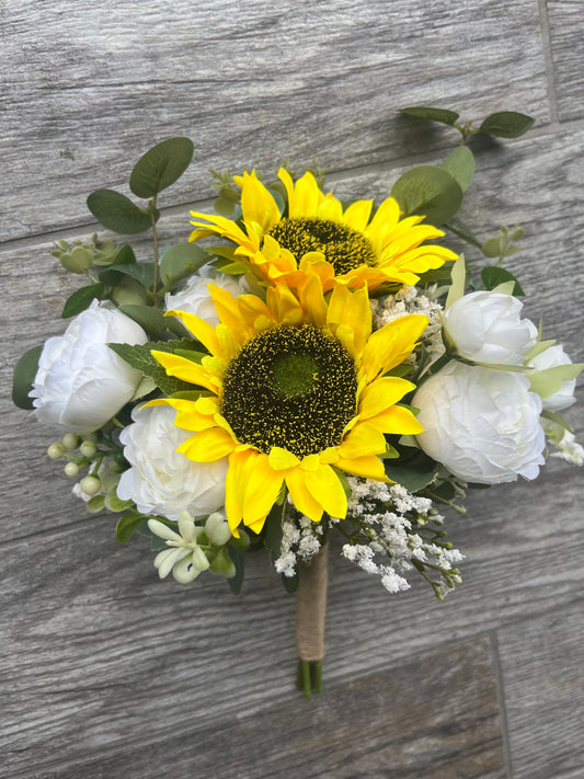 Sunflower, White Peonies & Eucalyptus Bridesmaid Bouquet