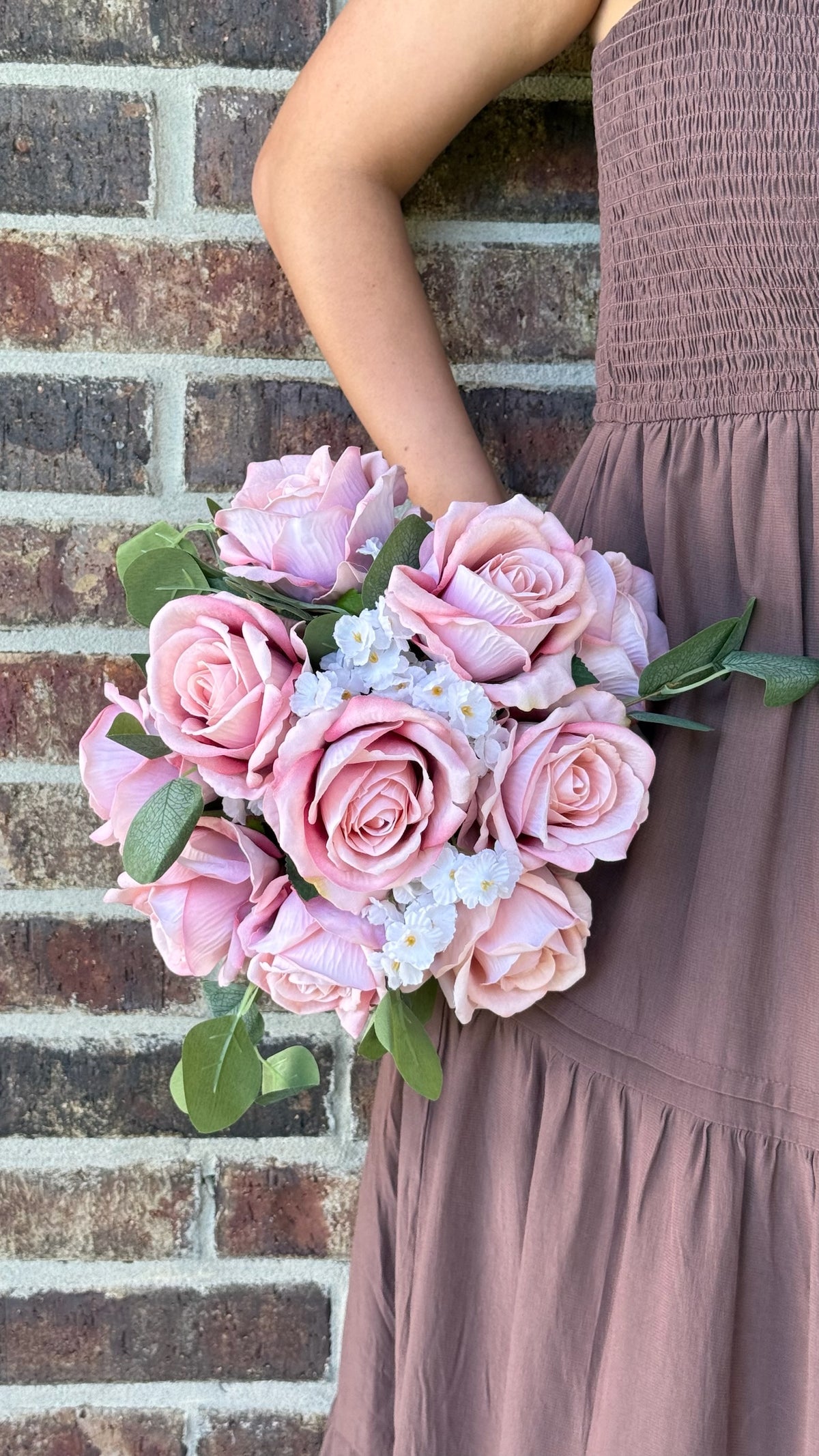 Dusty Rose, White Ruffled Flowers & Eucalyptus Greenery