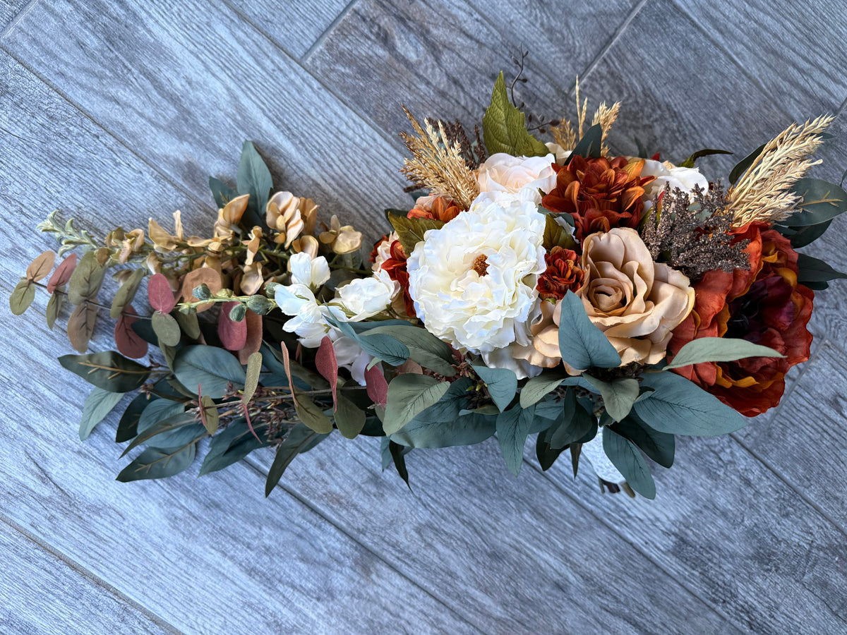 Cascading Fall Bridal Bouquet | Burnt Orange, Ivory Roses, Peonies, Eucalyptus Bouquet