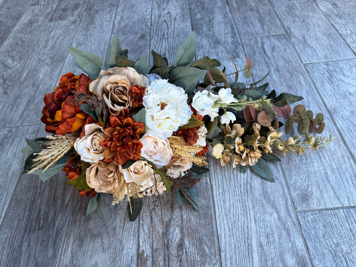 Cascading Fall Bridal Bouquet | Burnt Orange, Ivory Roses, Peonies, Eucalyptus Bouquet