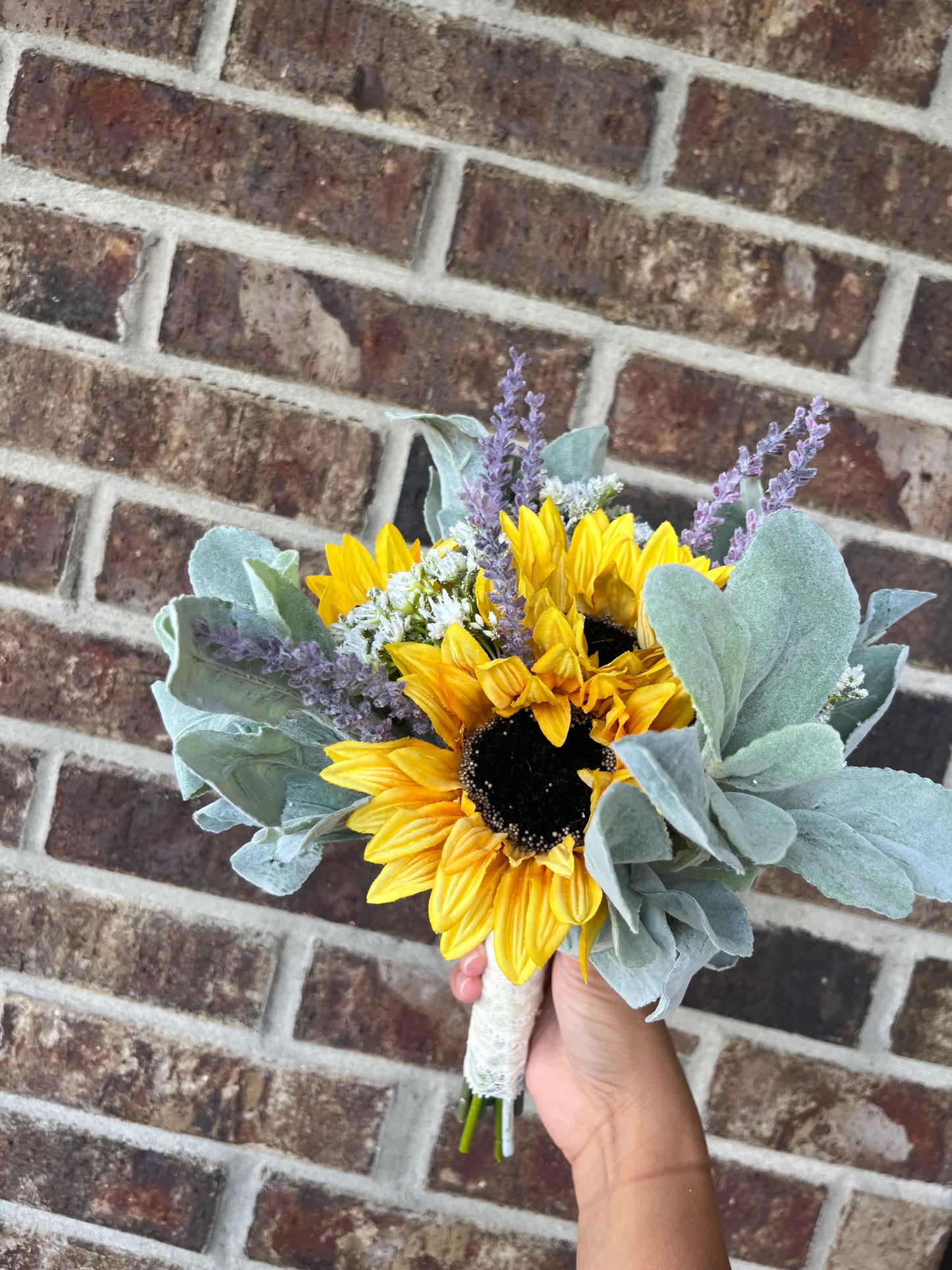 Sunflowers, Lavender and Ears Lamb Greenery Bridesmaid Bouquet