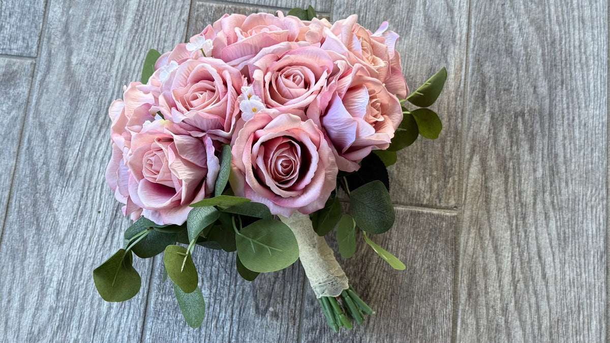 Dusty Rose, White Ruffled Flowers & Eucalyptus Greenery