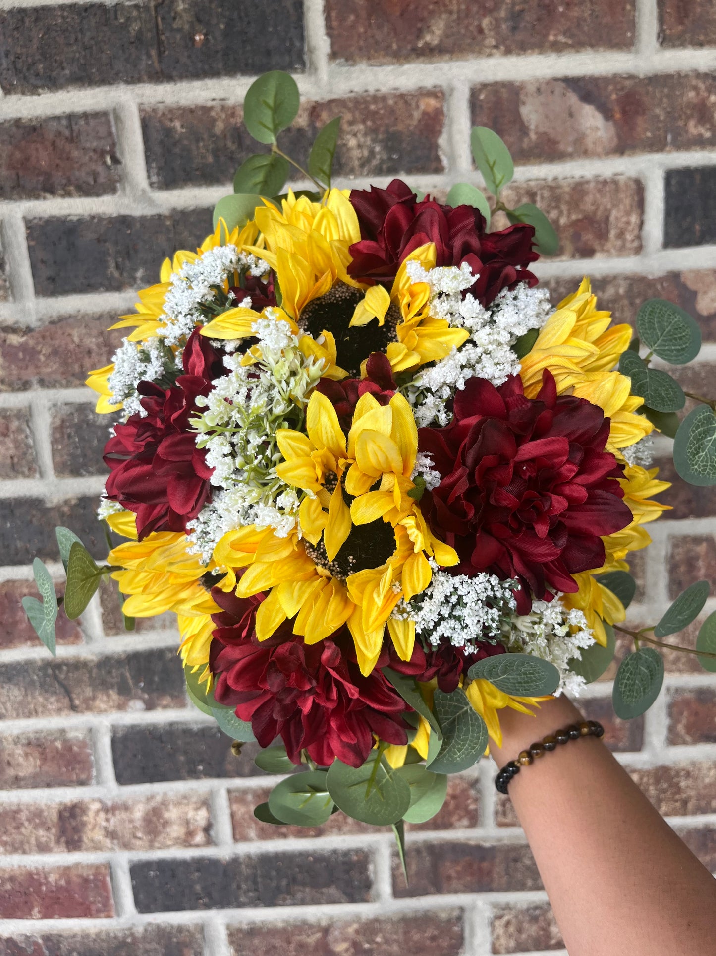 Burgundy Dahlias & Sunflower Greenery Bride Bouquet