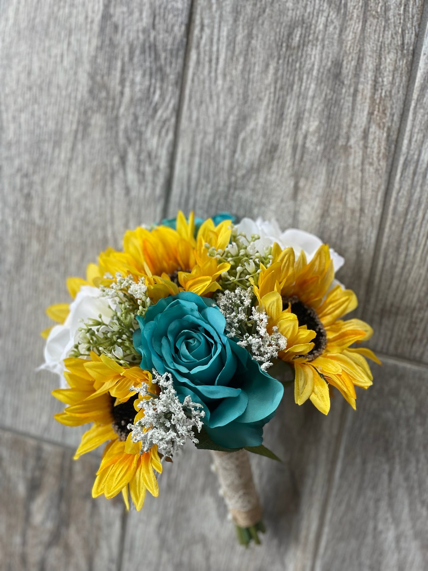 Turquoise & White Roses Sunflower Bridesmaid Bouquet