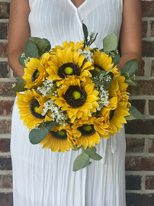 Sunflower and Seeded Eucalyptus Bride Bouquet