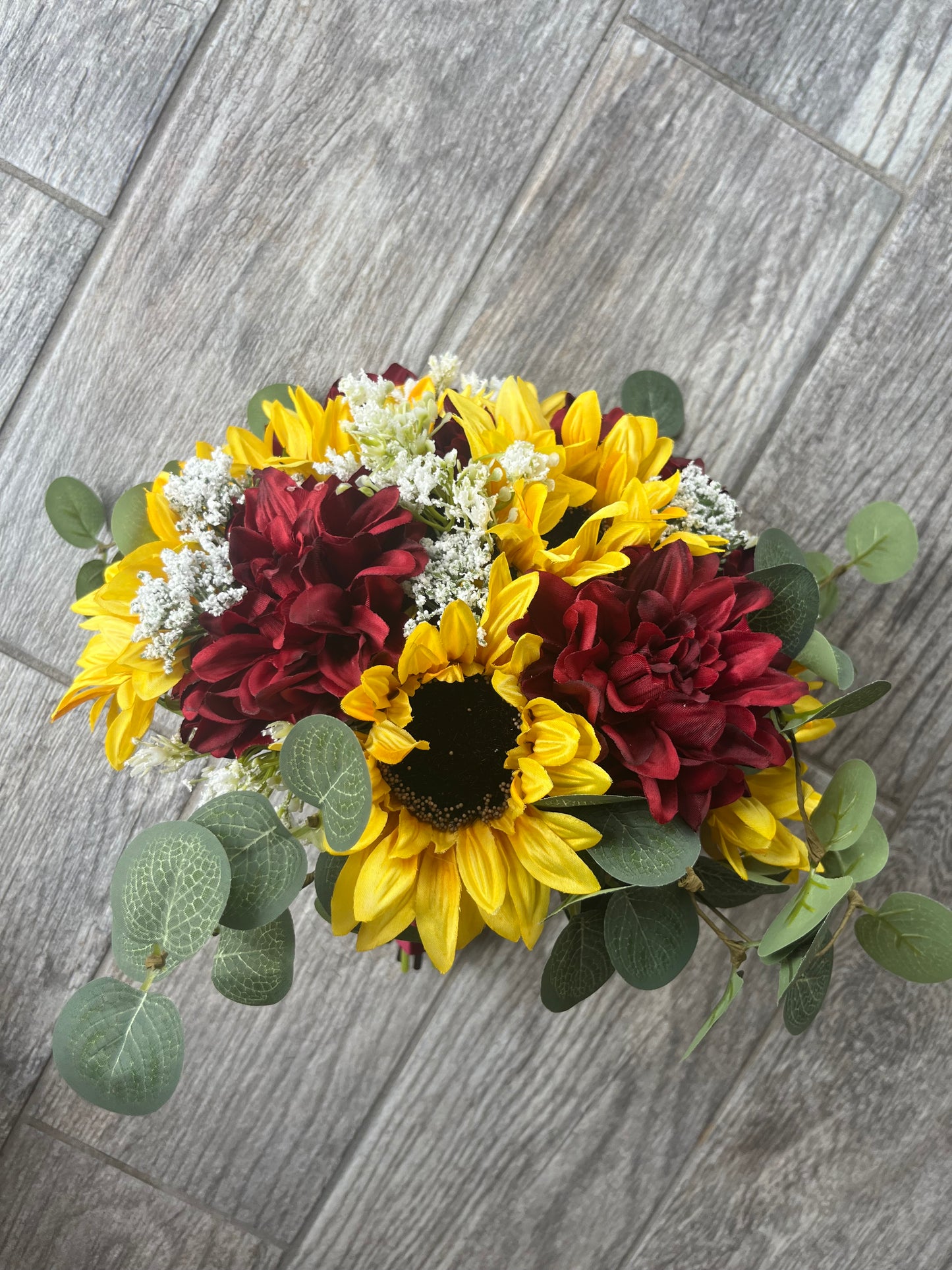 Burgundy Dahlias & Sunflower Greenery Bride Bouquet