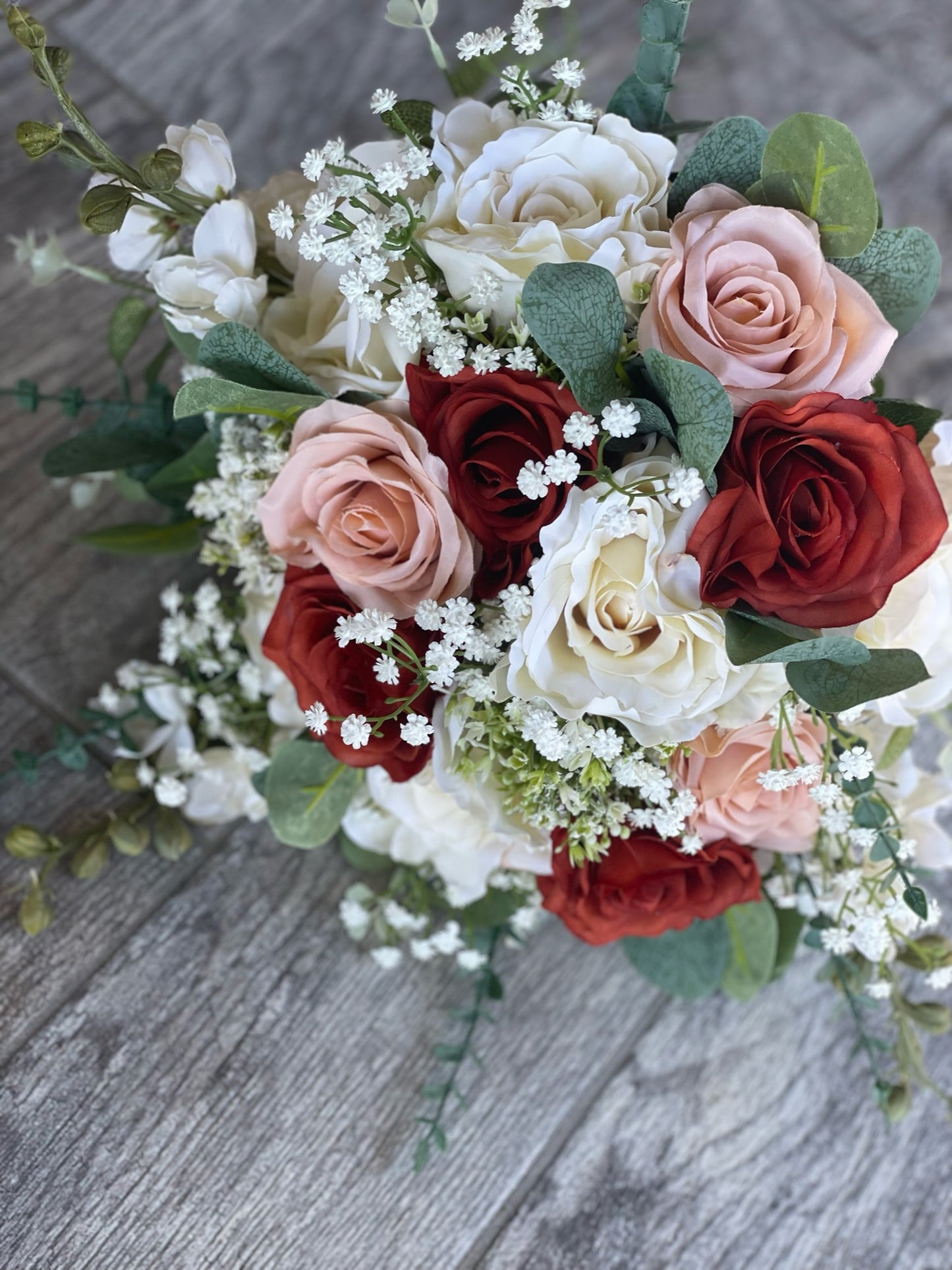 Terracota, Ivory & Peach Roses & Eucalyptus Bride Bouquet