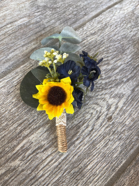 Navy Blue & Sunflower Boutonniere