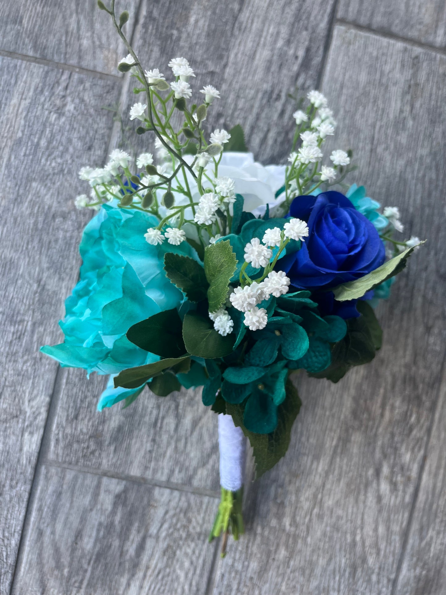 Royal Blue, White Roses & Turquoise Bridesmaid Bouquet