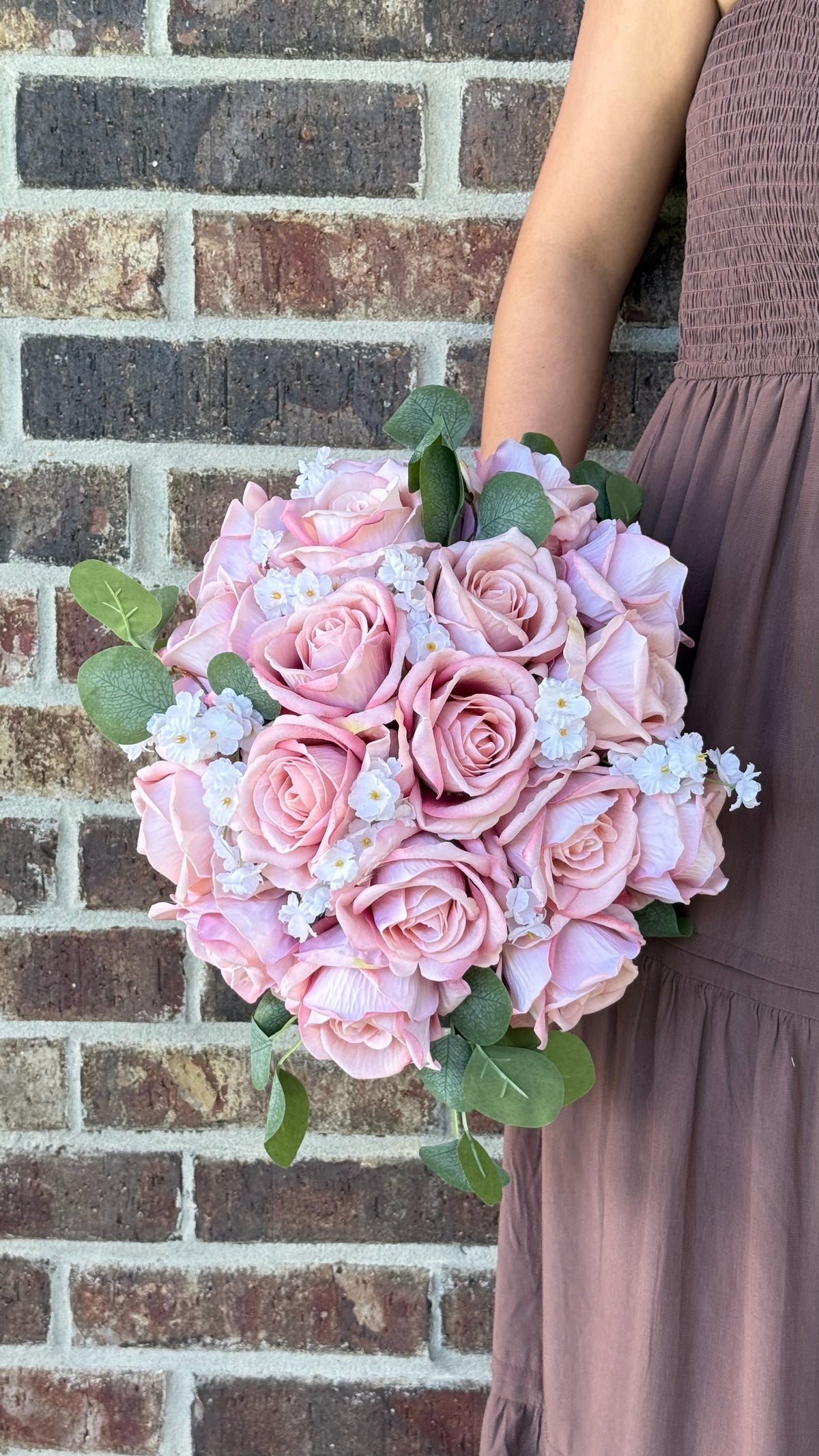 Dusty Rose, White Ruffled Flowers & Eucalyptus Greenery