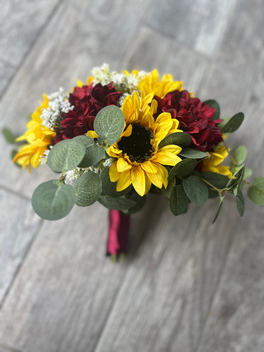 Burgundy Dahlias & Sunflower Greenery Bride Bouquet