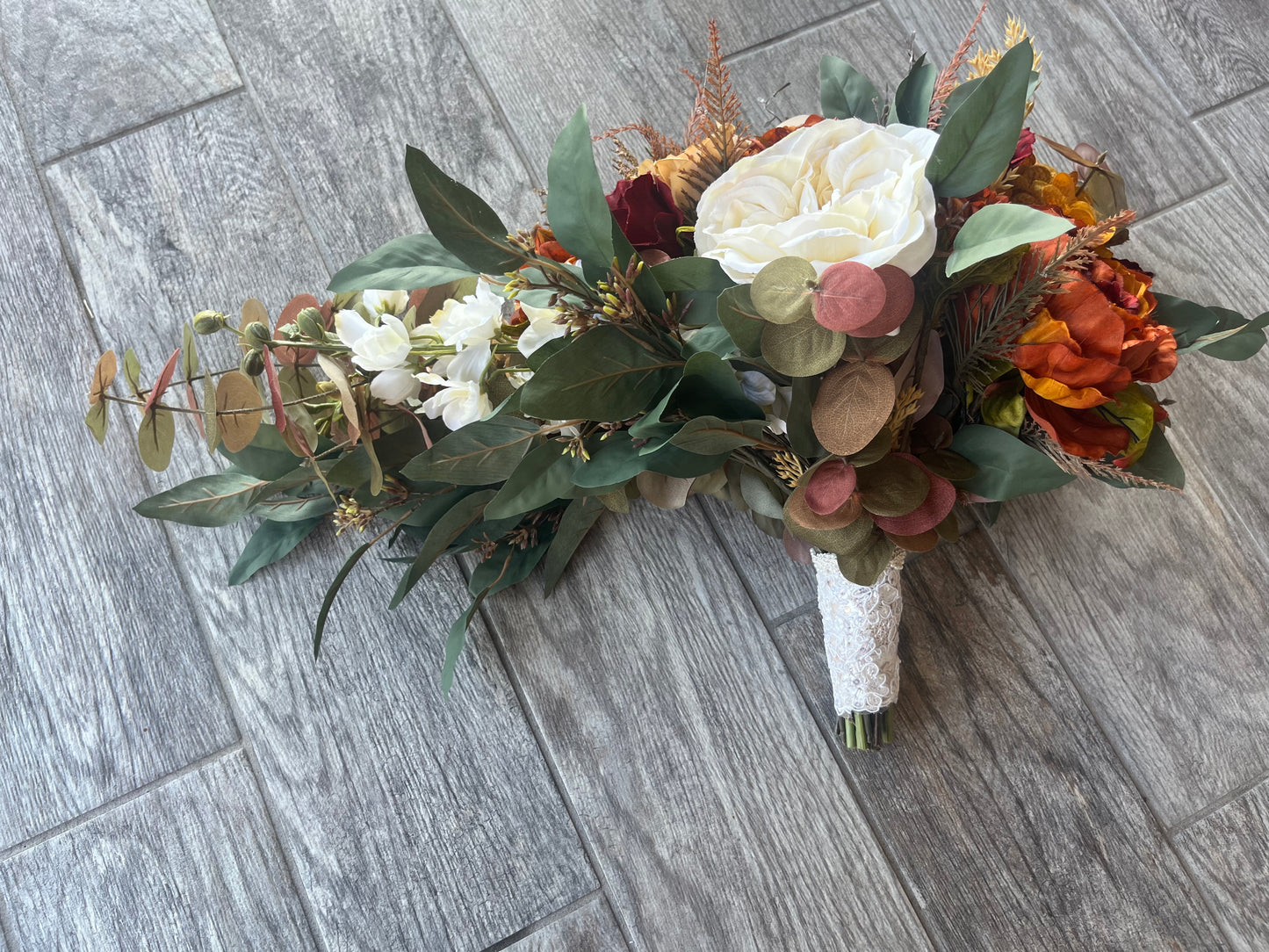 Cascading Burgundy, Brown and Rust Bride Bouquet