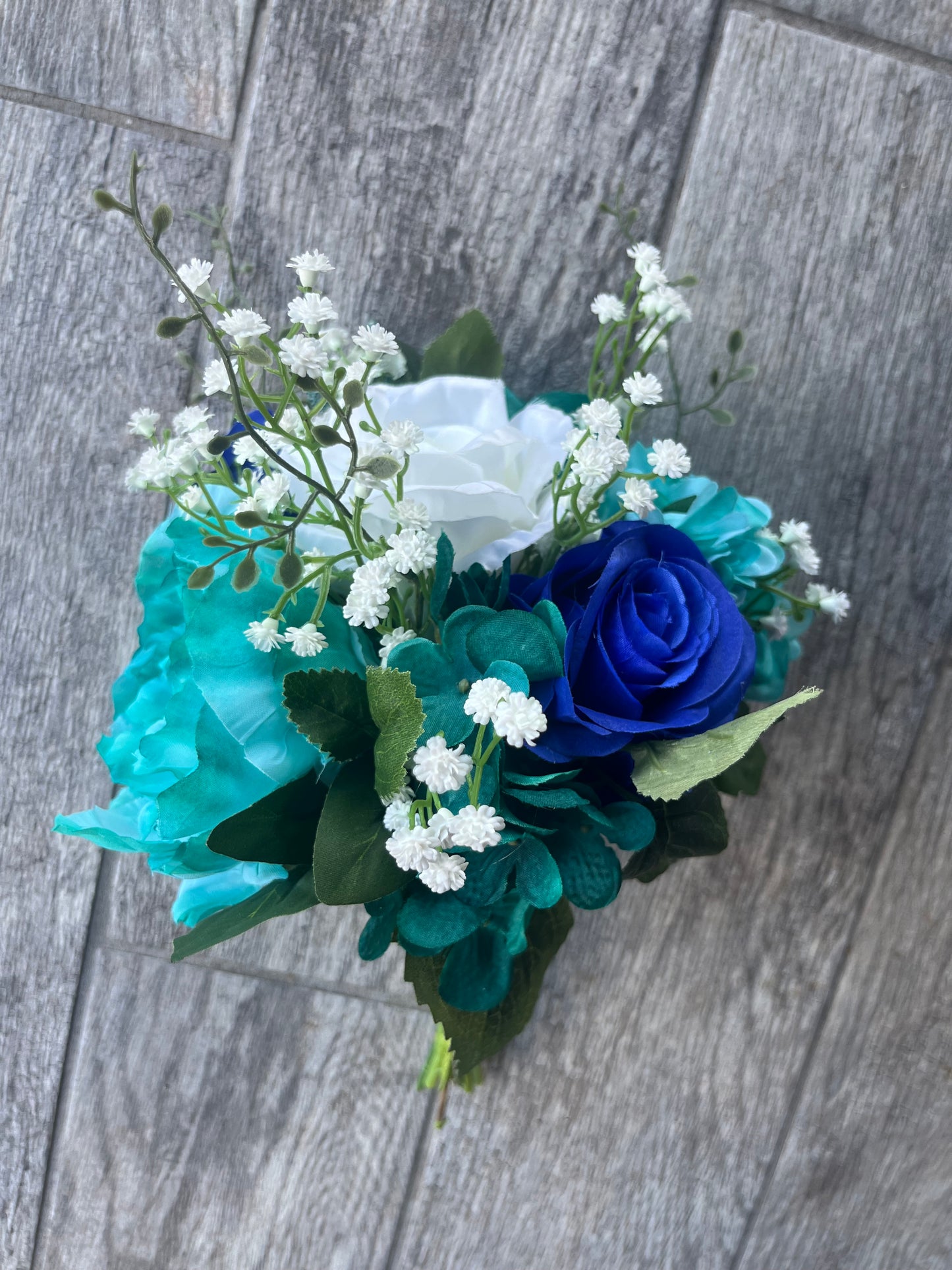 Royal Blue, White Roses & Turquoise Bridesmaid Bouquet