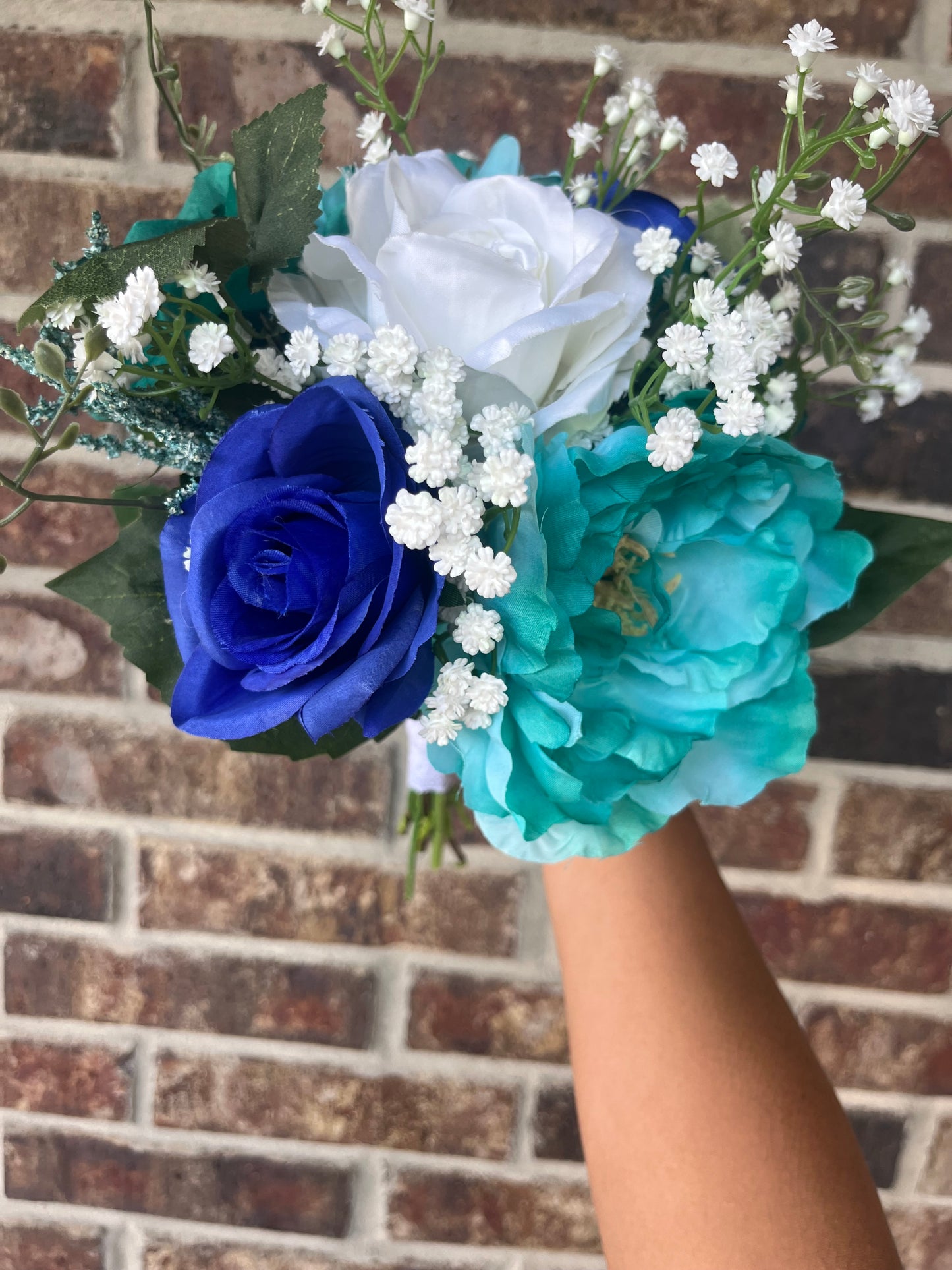 Royal Blue, White Roses & Turquoise Bridesmaid Bouquet