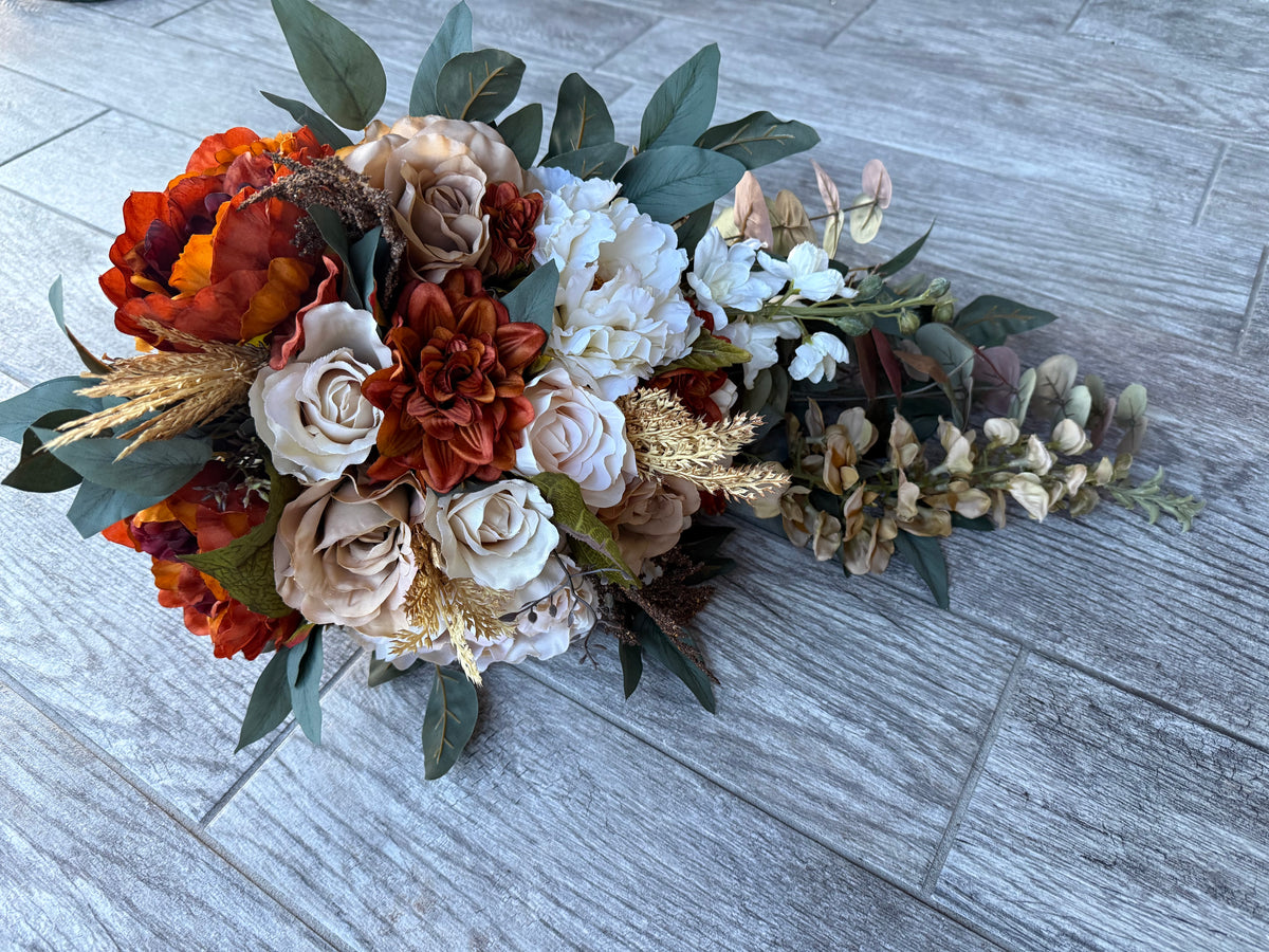 Cascading Fall Bridal Bouquet | Burnt Orange, Ivory Roses, Peonies, Eucalyptus Bouquet