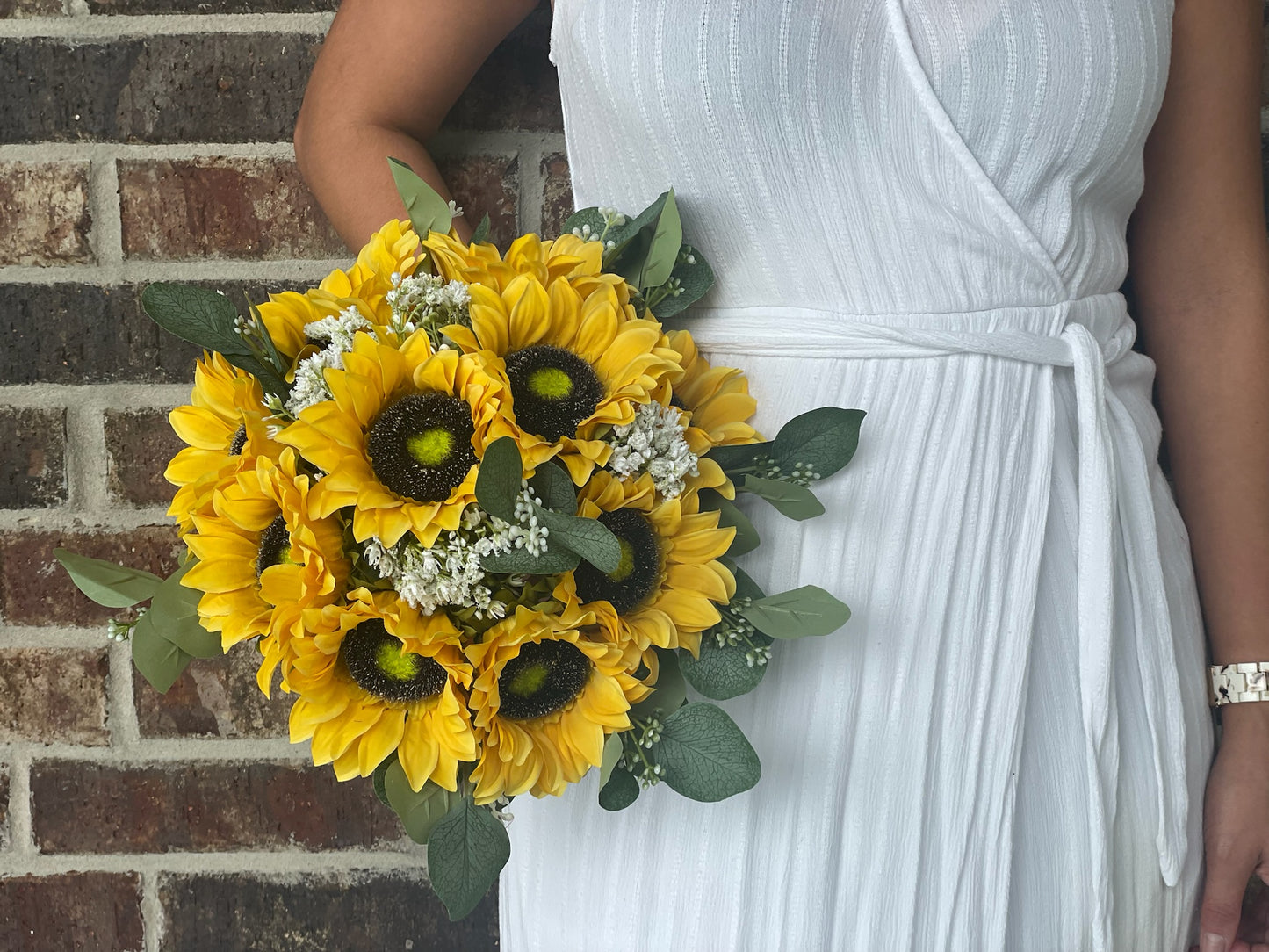 Sunflower and Seeded Eucalyptus Bride Bouquet