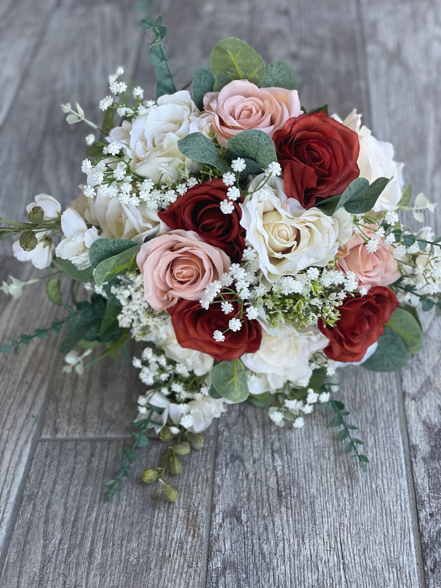 Terracota, Ivory & Peach Roses & Eucalyptus Bride Bouquet