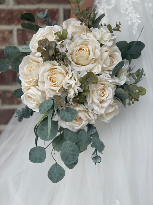 Ivory Roses & Eucalyptus Greenery Bride Bouquet