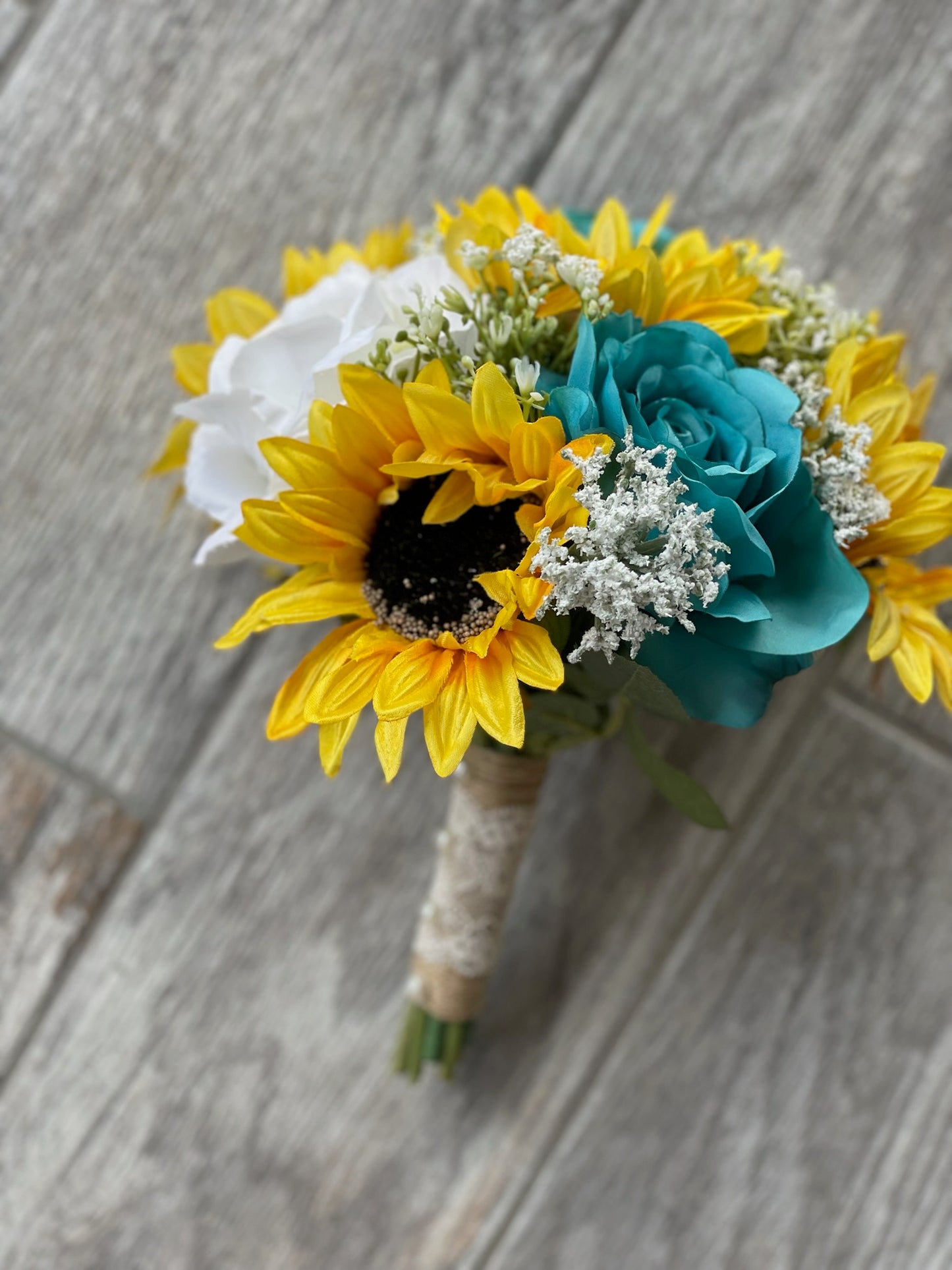 Turquoise & White Roses Sunflower Bridesmaid Bouquet