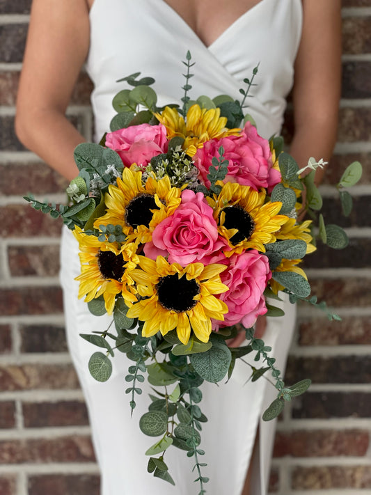 Sunflowers & Coral Roses Cascading Bouquet