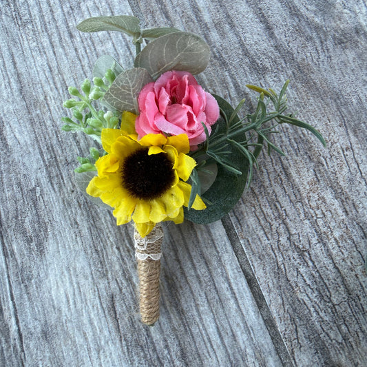 Sunflower & Coral Rose Boutonniere
