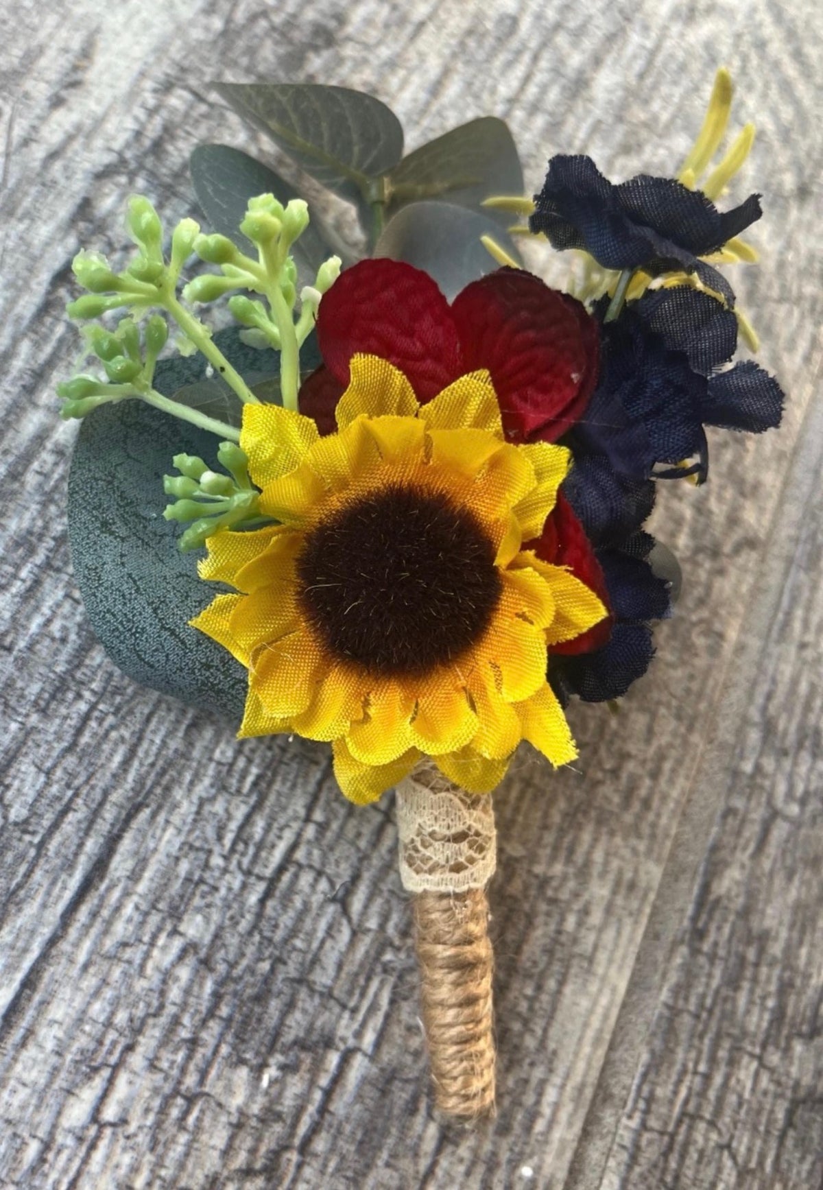 Burgundy Dahlias, Navy Blue and Sunflower Bouquet