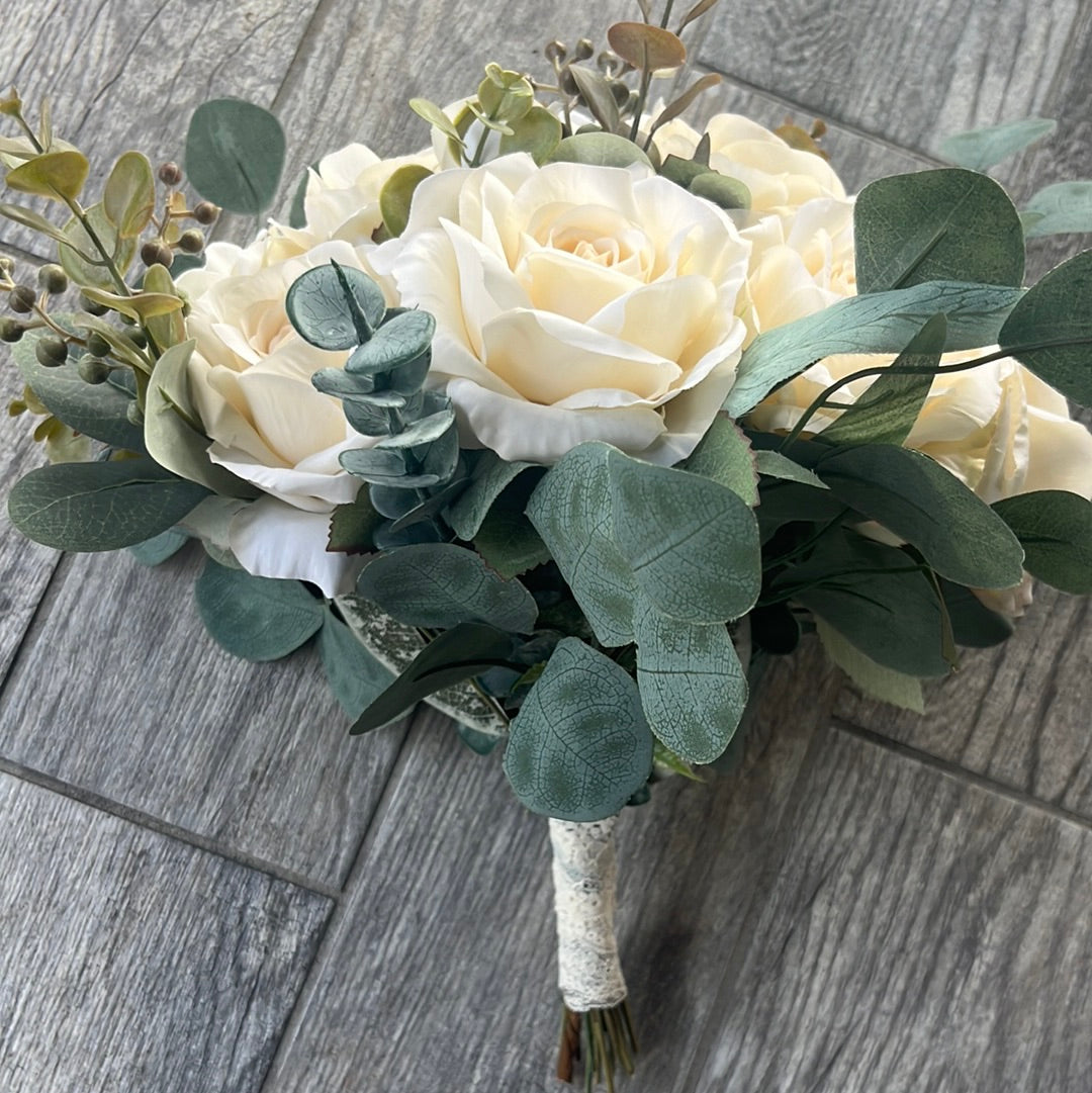 Ivory Roses & Eucalyptus Greenery Bride Bouquet