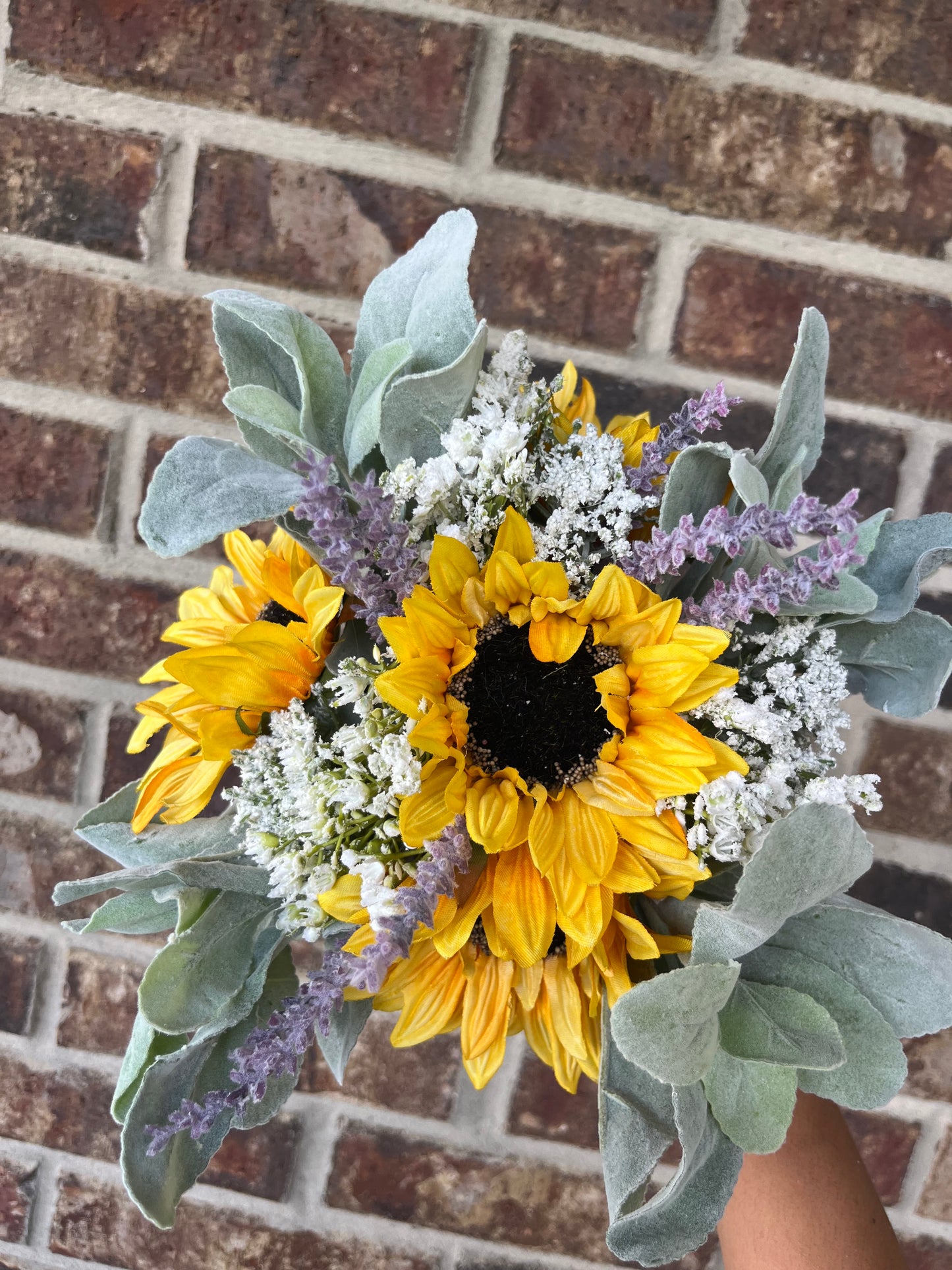 Sunflowers, Lavender and Ears Lamb Greenery Bridesmaid Bouquet