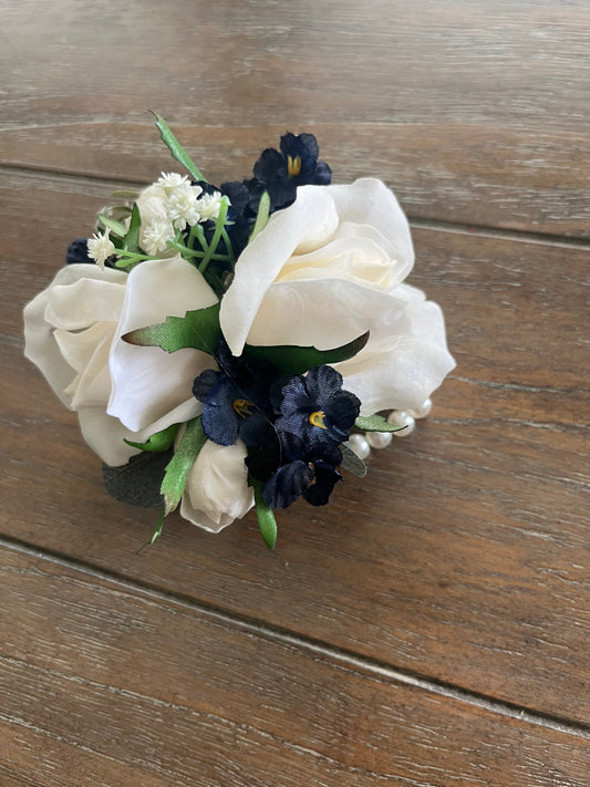 Ivory Rose & Navy Blue Wrist Corsage