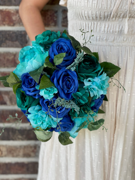 Royal Blue Roses & Turquoise Flowers Bride Bouquet