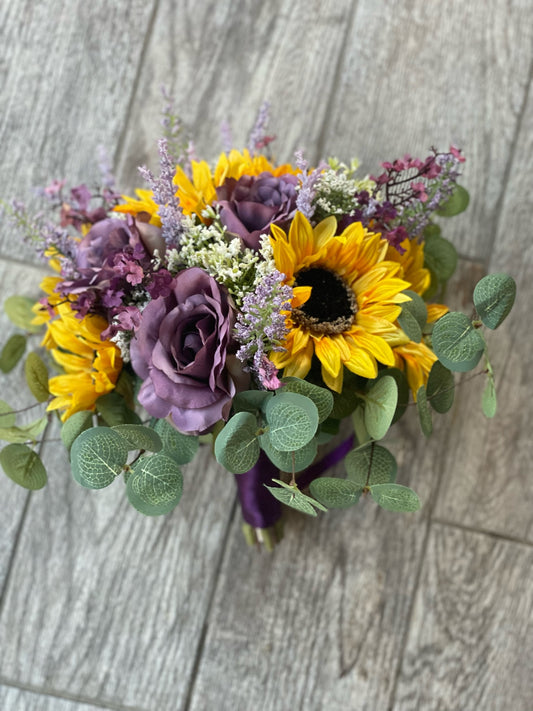 Purple Roses & Sunflower Bride Bouquet