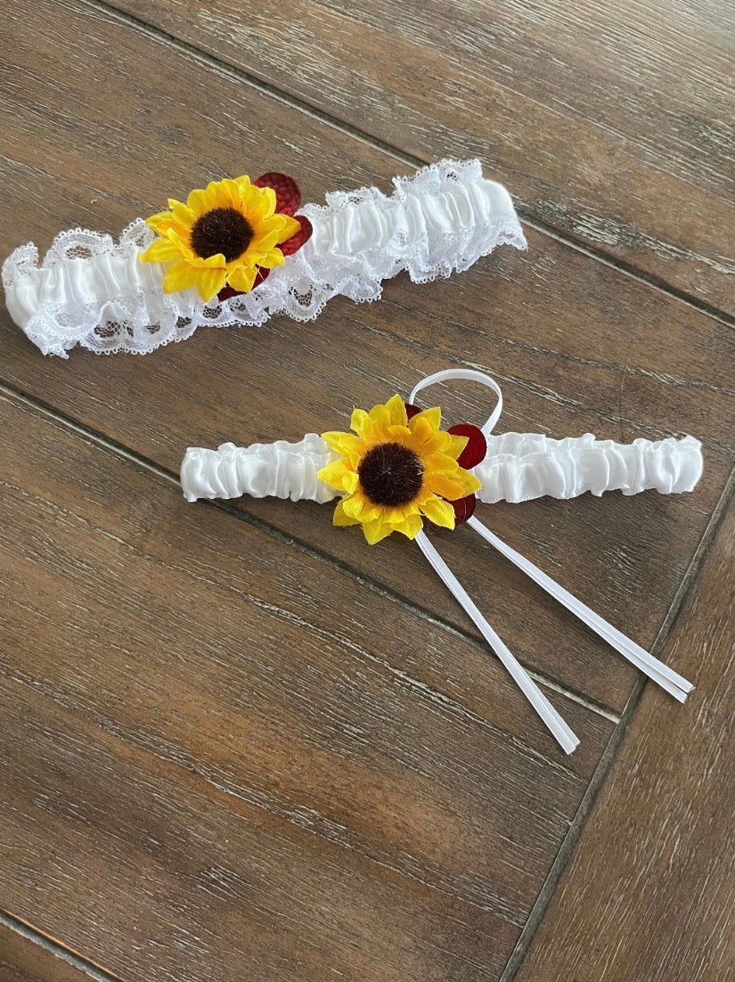 Sunflower Wedding Garters: Burgundy Hydrangea Keepsake & Toss Set