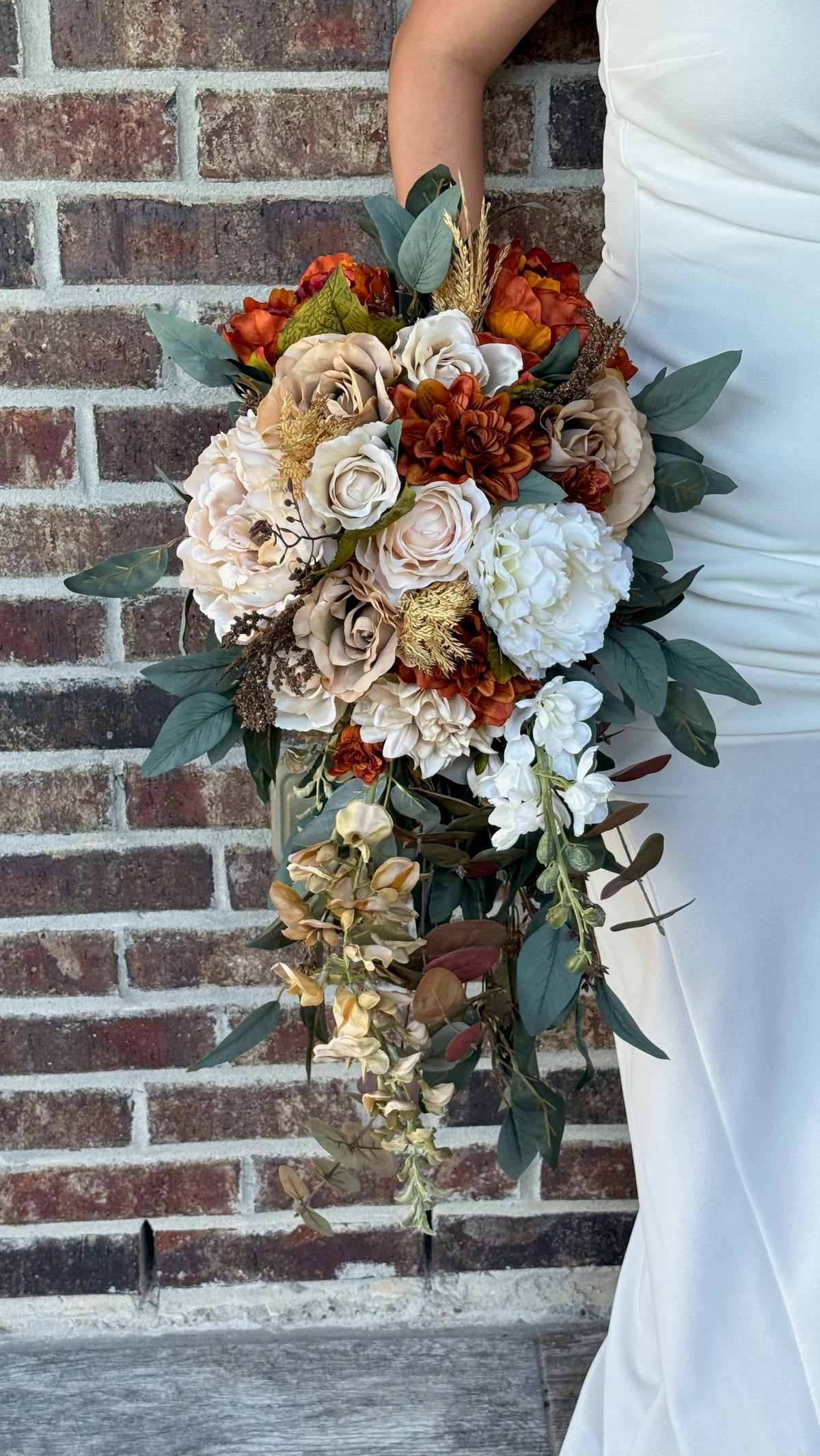 Cascading Fall Bridal Bouquet | Burnt Orange, Ivory Roses, Peonies, Eucalyptus Bouquet