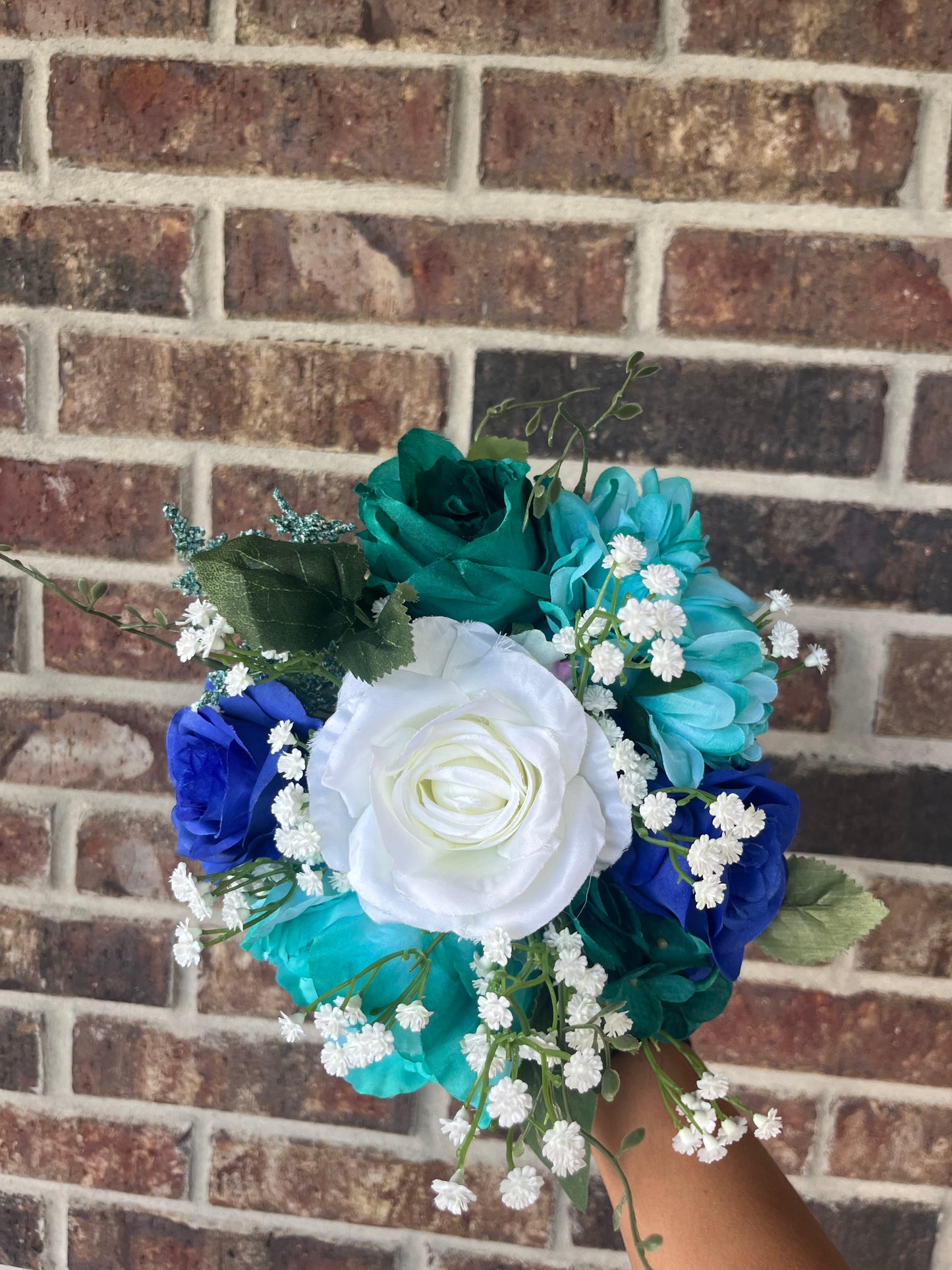 Royal Blue, White Roses & Turquoise Bridesmaid Bouquet