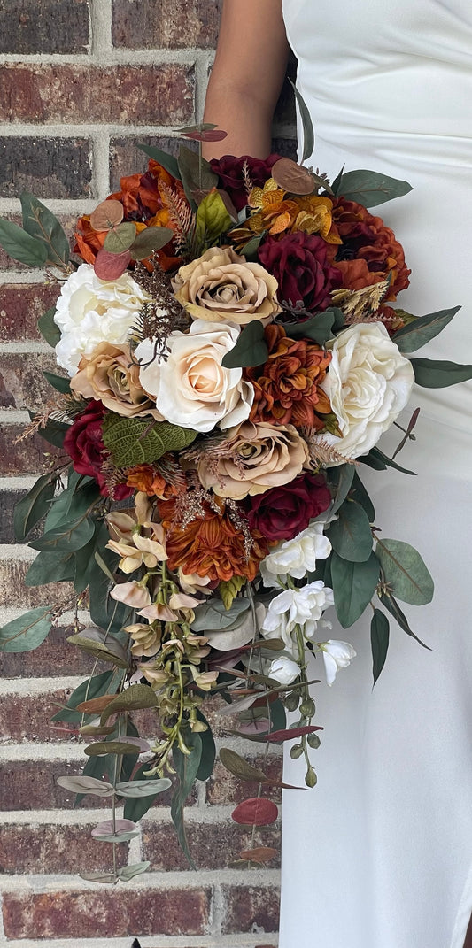 Cascading Burgundy, Brown and Rust Bride Bouquet