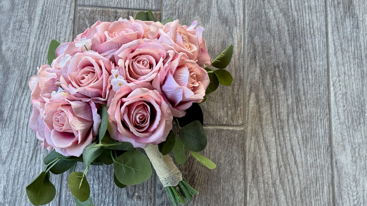Dusty Rose, White Ruffled Flowers & Eucalyptus Greenery
