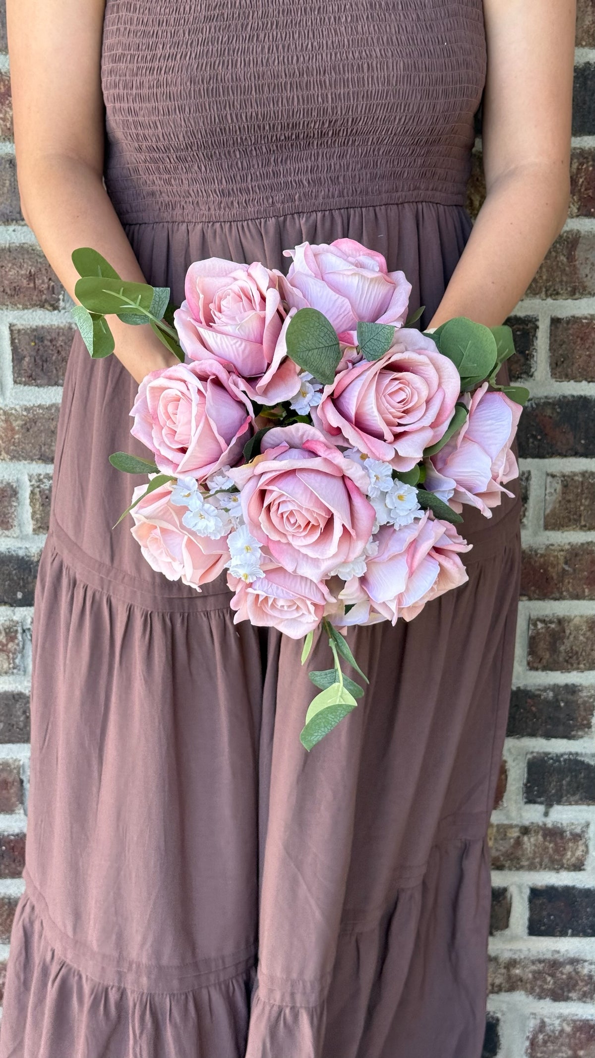 Dusty Rose, White Ruffled Flowers & Eucalyptus Greenery