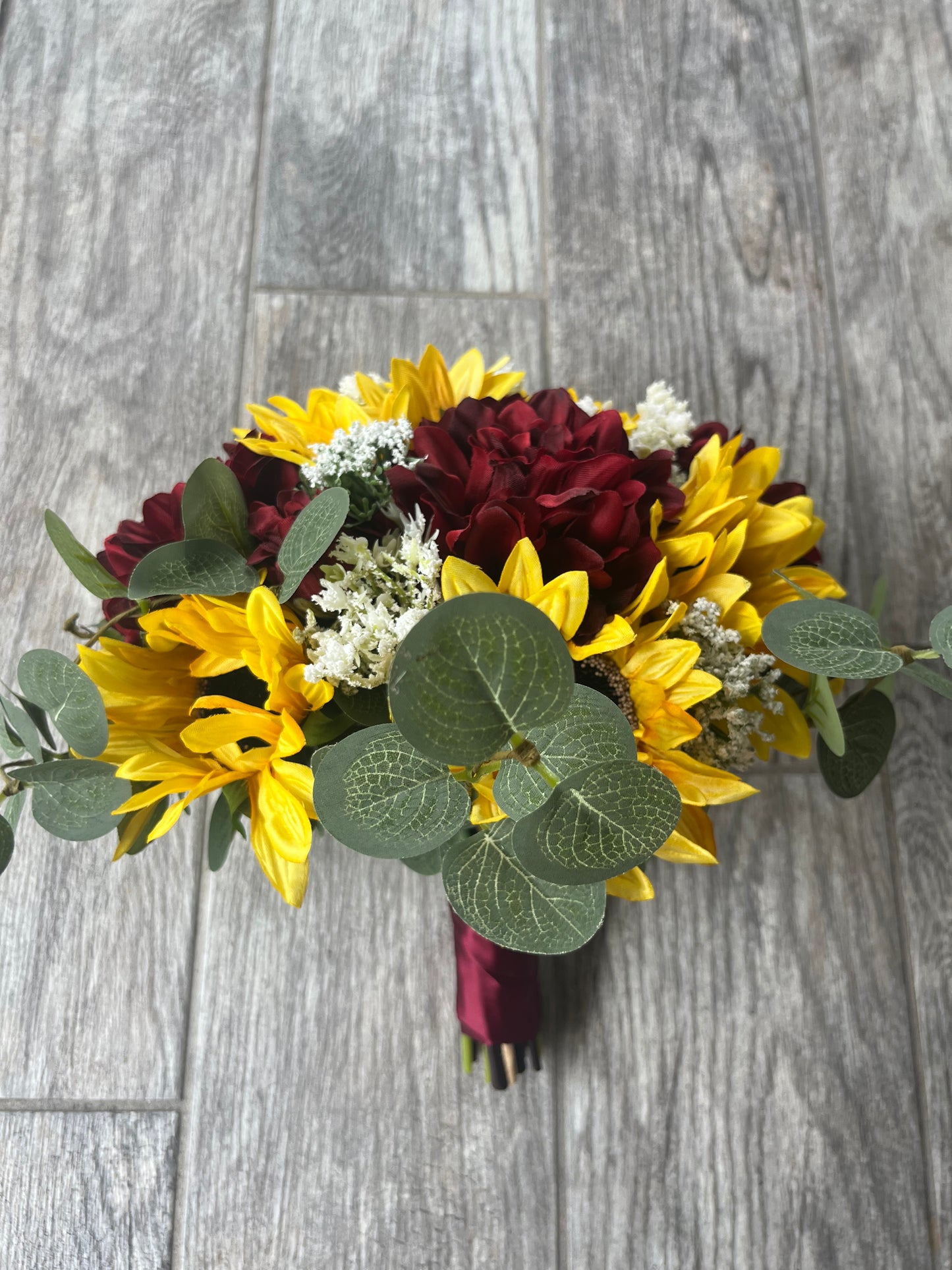 Burgundy Dahlias & Sunflower Greenery Bride Bouquet